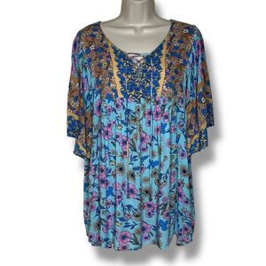 GiGiO Plus Boho Floral Lace Front Tie Flutter Sleeve Top Women 2XL Flowy Rayon